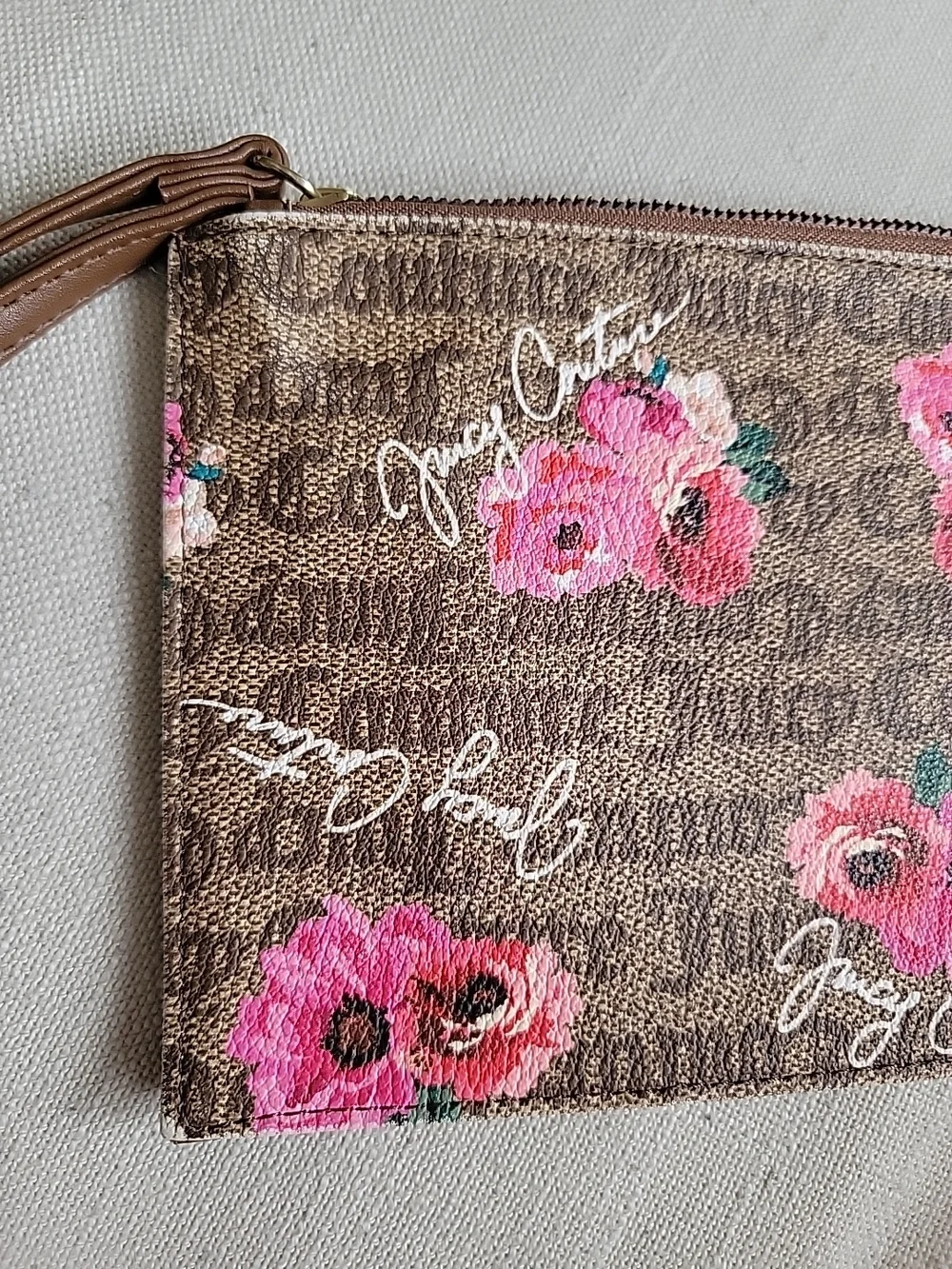 Floral Brown Wristlet Clutch with Gold Emblem - Picture 8 of 11